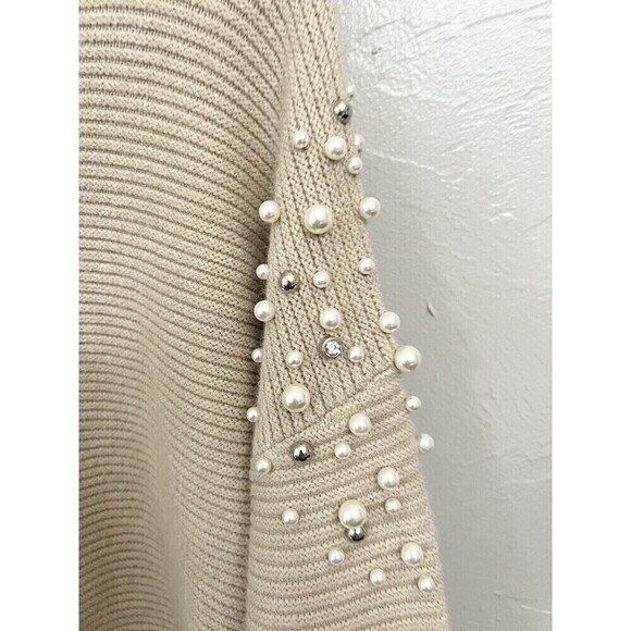 Passioni  Oversized Pearl Camel Tan Sweater Beaded Mock Neck Size Small Shirt - Picture 6 of 9